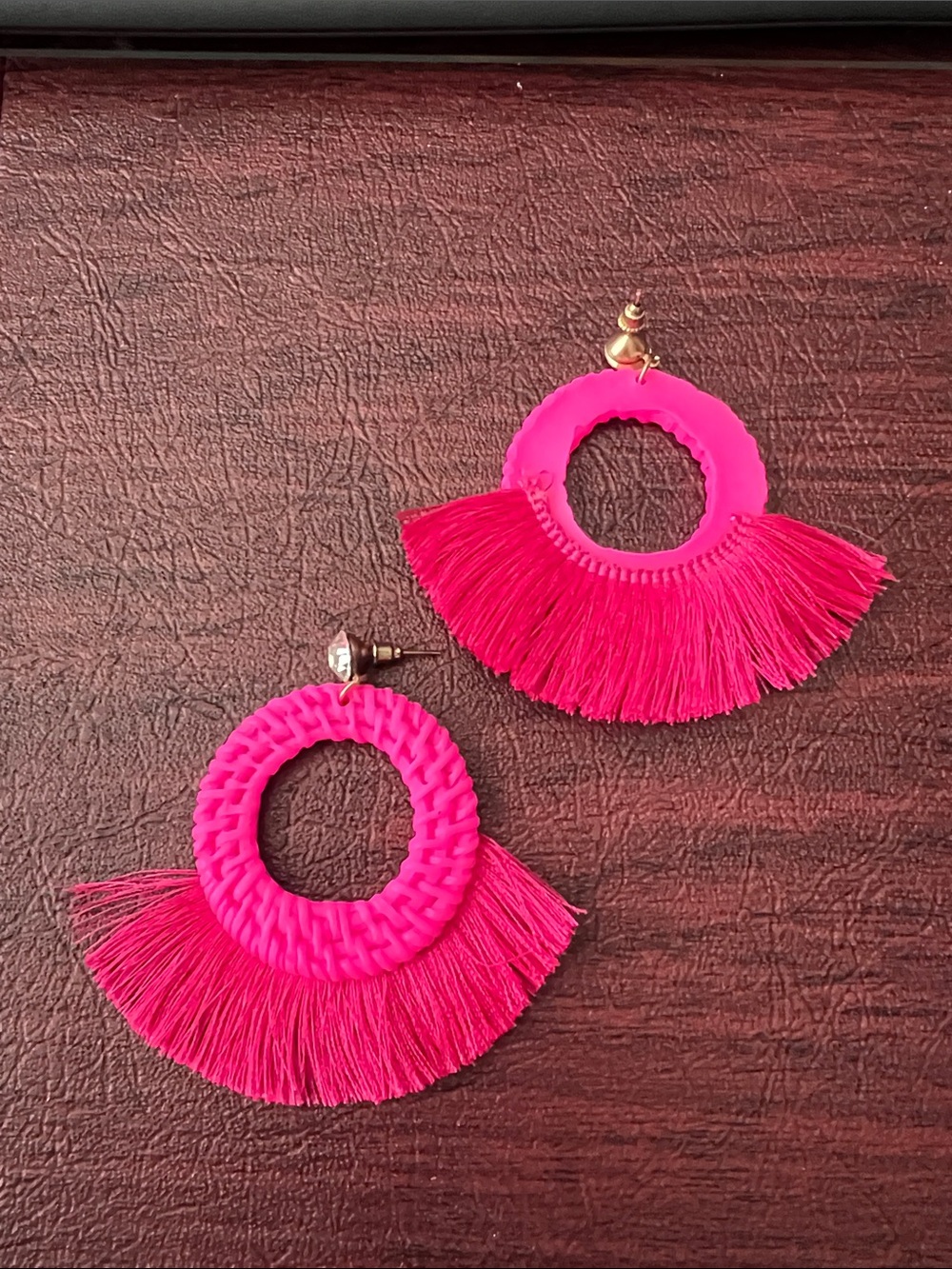 Hot Pink Fringe Hoop Earrings - Women Accessories